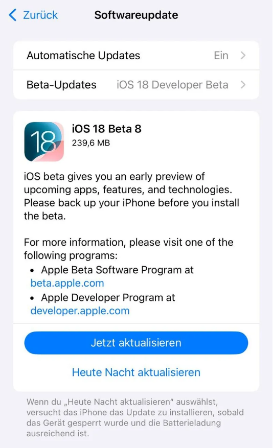 商都苹果手机维修分享苹果 iOS / iPadOS 18 开发者预览版 Beta 8 发布 